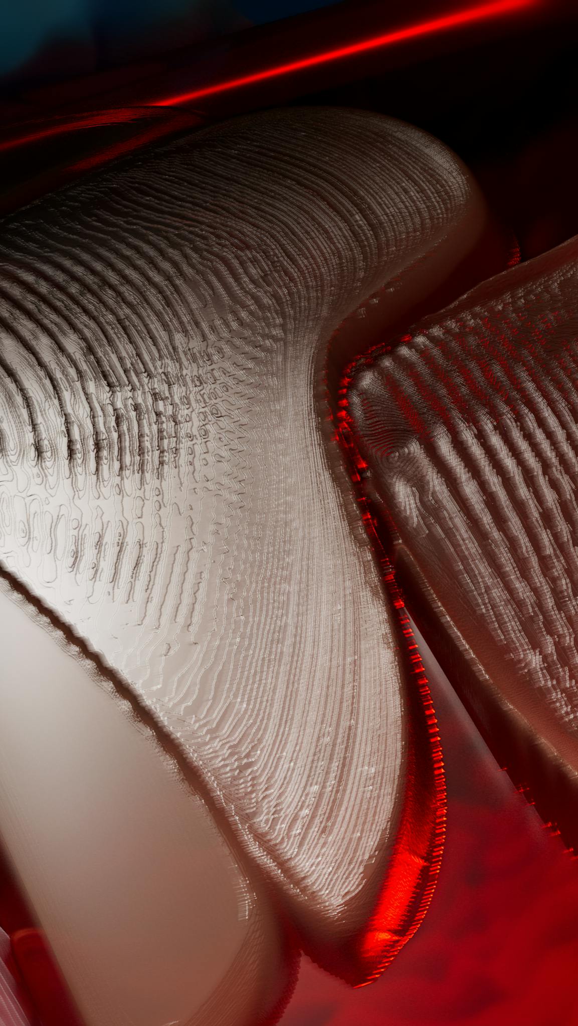 Abstract 3D render featuring textured surfaces and vibrant red accents creating a stunning visual.