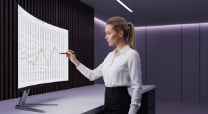 นักวิเคราะห์ข้อมูลมืออาชีพกำลังทำงาน Data Analytics บนหน้าจอขนาดใหญ่ในสำนักงานยุคใหม่