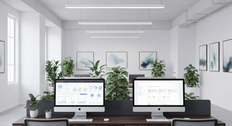 ภาพแสดง Knowledge Base ภายในและภายนอกองค์กรบนจอคอมพิวเตอร์สองจอในสำนักงานสมัยใหม่