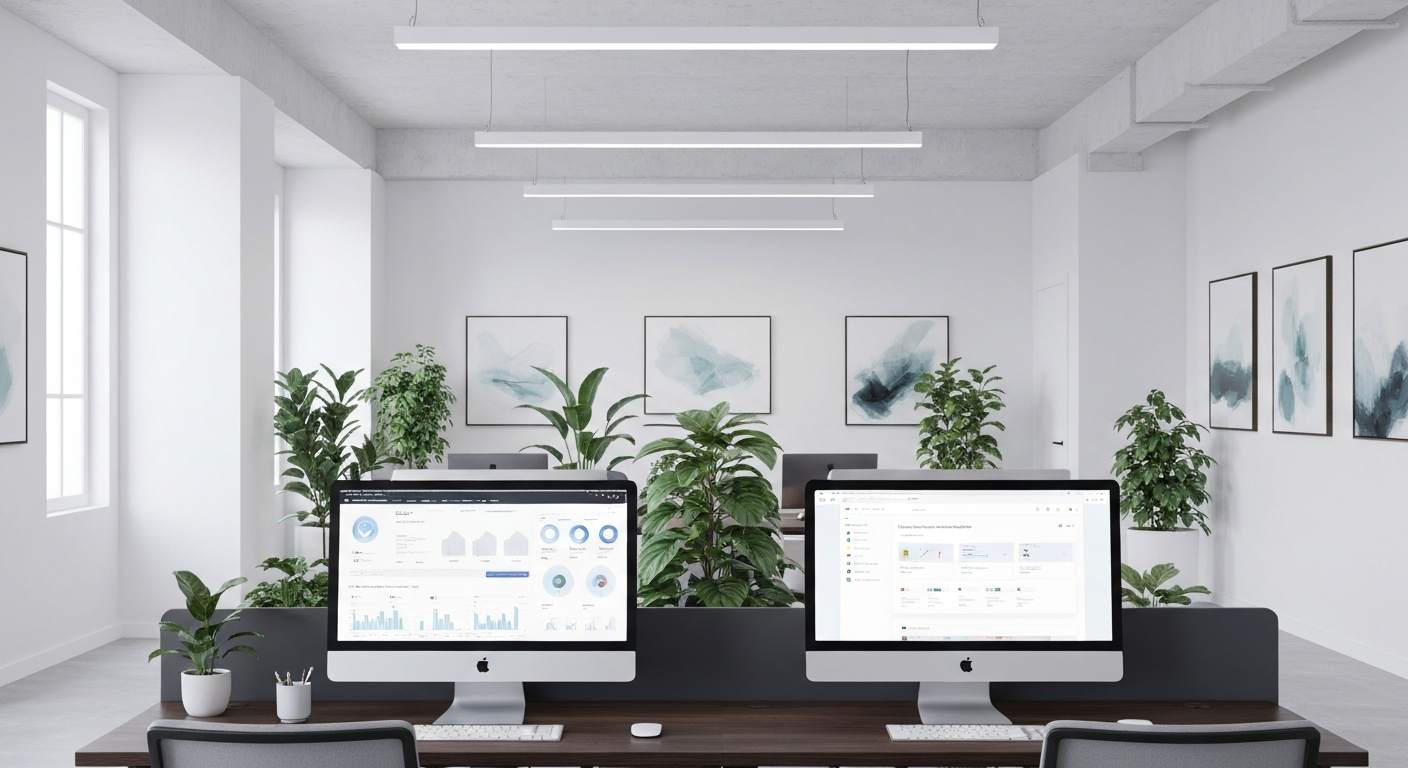 ภาพแสดง Knowledge Base ภายในและภายนอกองค์กรบนจอคอมพิวเตอร์สองจอในสำนักงานสมัยใหม่
