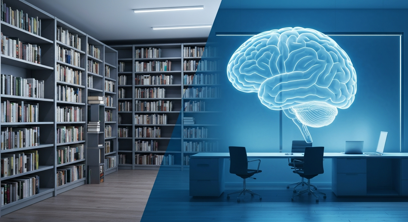 ภาพแสดง Explicit Knowledge ในรูปหนังสือและเอกสาร เทียบกับ Tacit Knowledge ในรูปสมองมนุษย์ ในระบบการจัดการความรู้ในองค์กร
